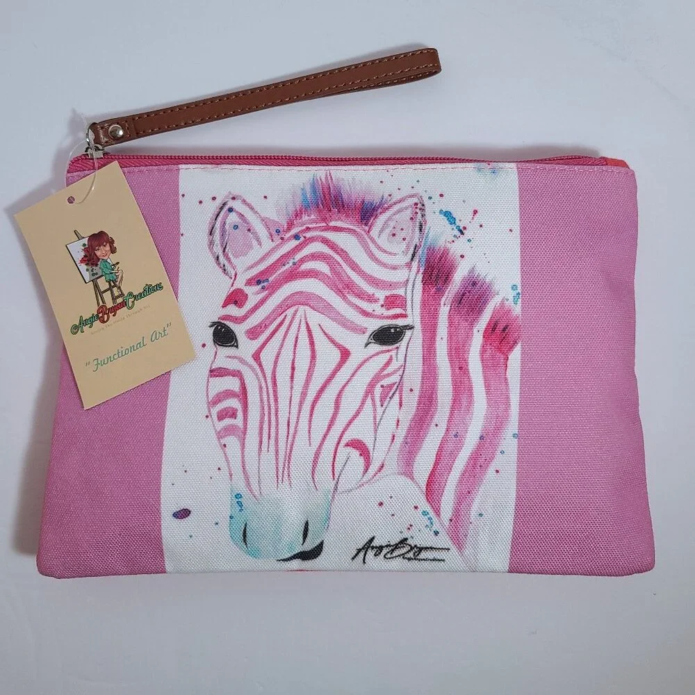 Pink Zebra Canvas Zipper Pouch by Angie Bryan | Original Art Print